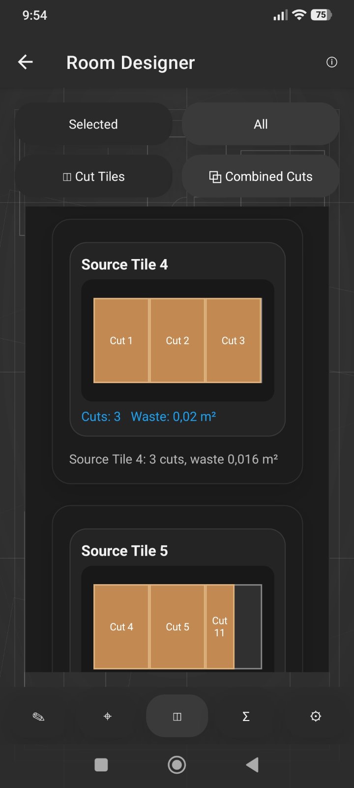 Tile waste optimization screen with combined cuts