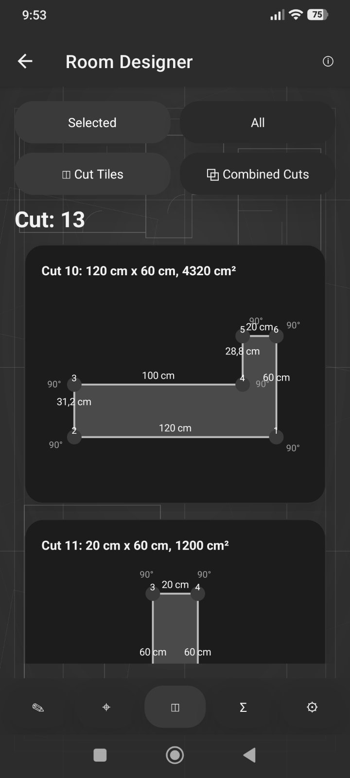 Tile cut list calculator with individual cut pieces