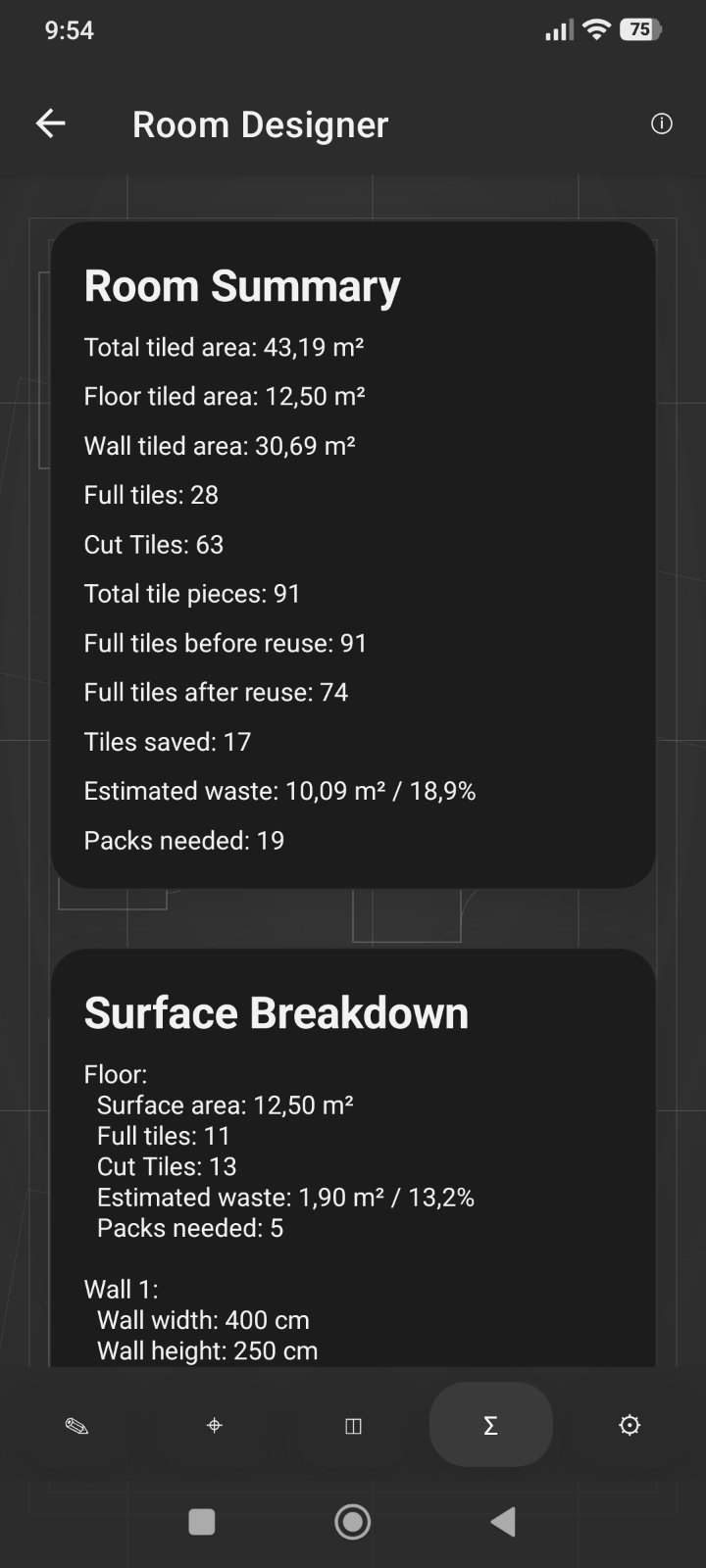 Whole-room material summary with PDF report options